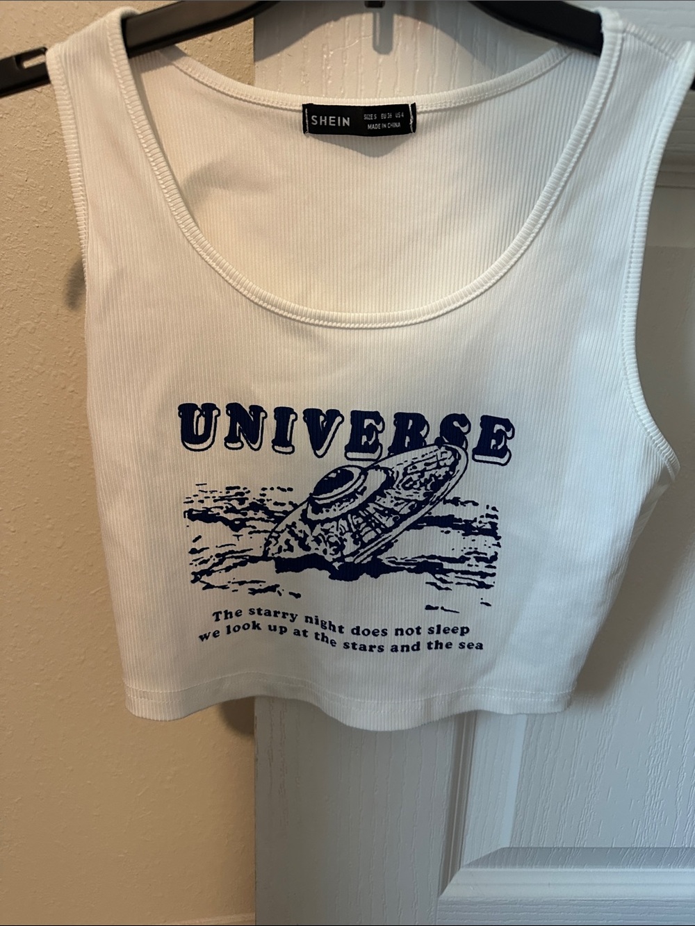 SHEIN White Ribbed Crop Tank with Navy 'UNIVERSE' UFO crop tank size small